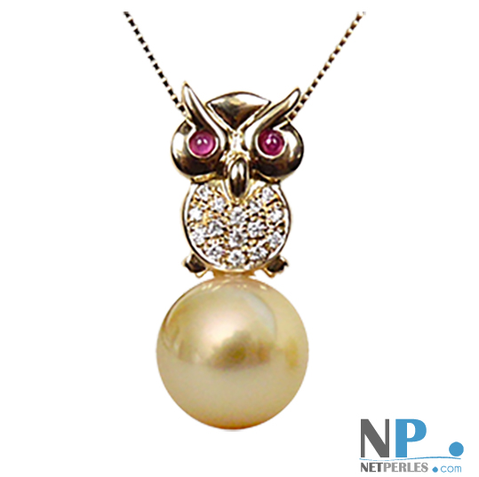 BIJOU EN OR - CHOUETTE AVEC DIAMANTS ET PERLES DOREE DES MERS DU SUD